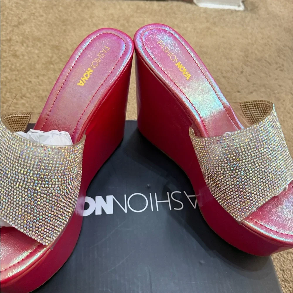 Fashion Nova Red Iridescent Platform Wedges with Rhinestone Strap